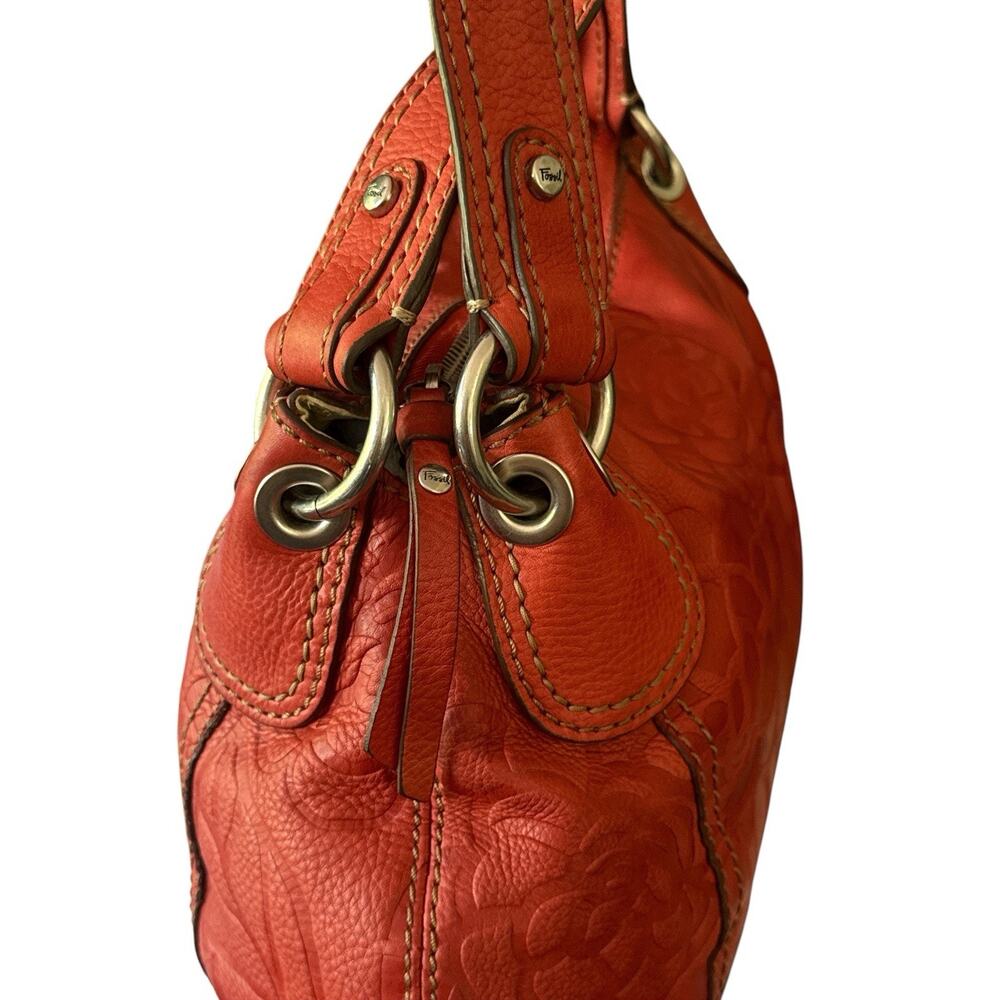 Fossil Shoulder Bag Coral Embossed Floral Double Handle Tortoise Key Charm EUC - Picture 8 of 16